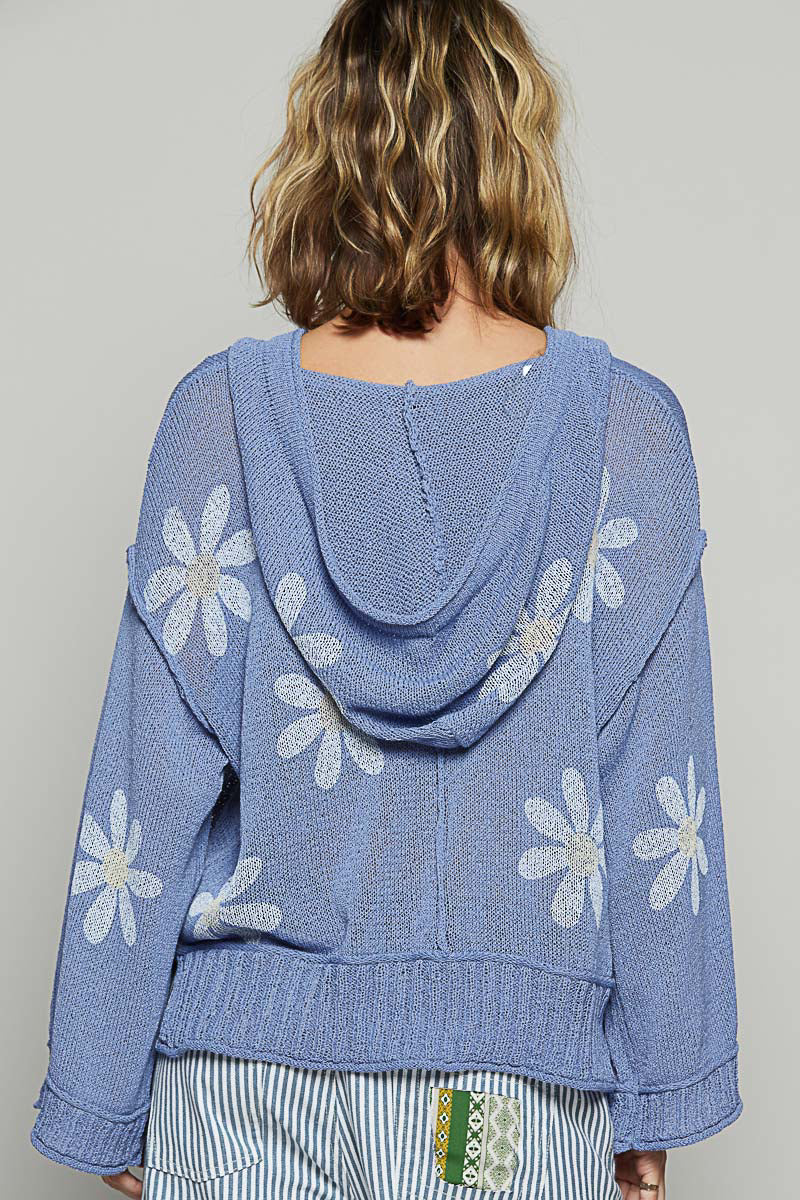 L/S V-Neck Floral Print Hooded Sweater