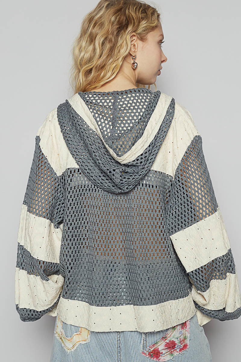 Balloon Sleeve Hoodie with Crochet Patch and Front Pockets