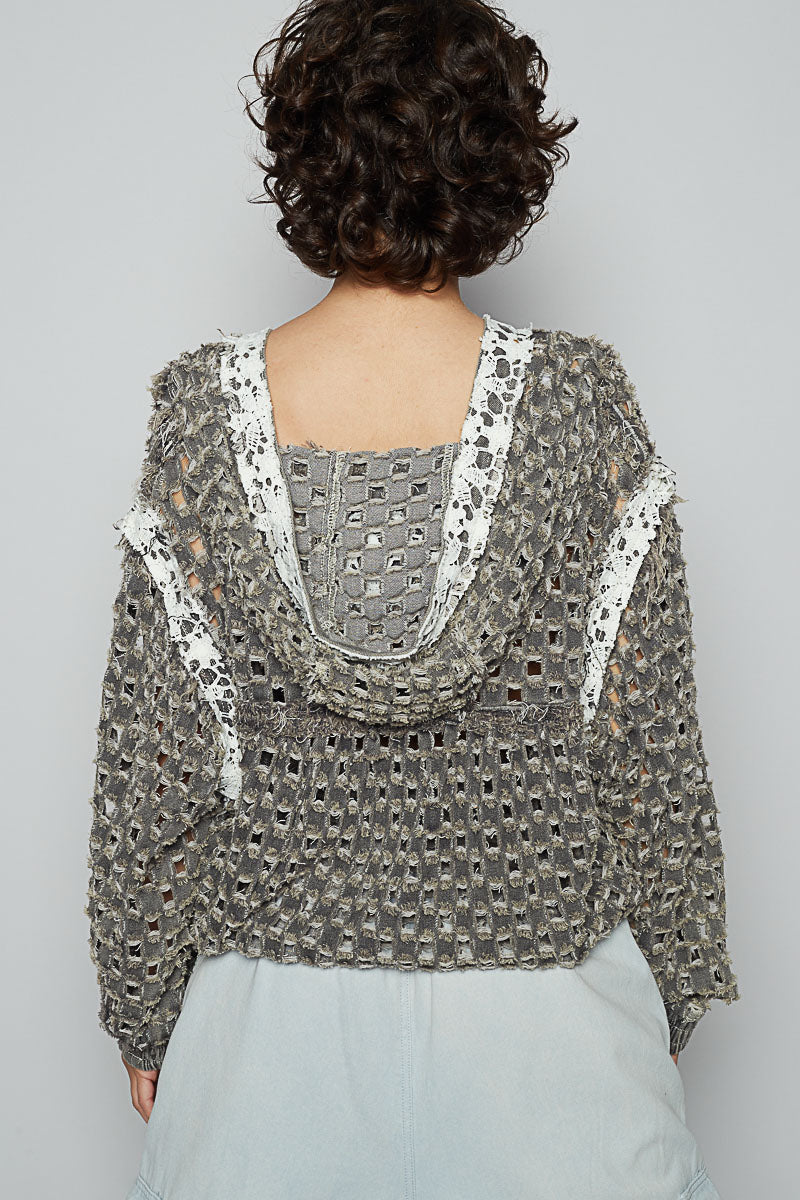 V-Neck L/S Hooded Top with Laser Detailing and Lace
