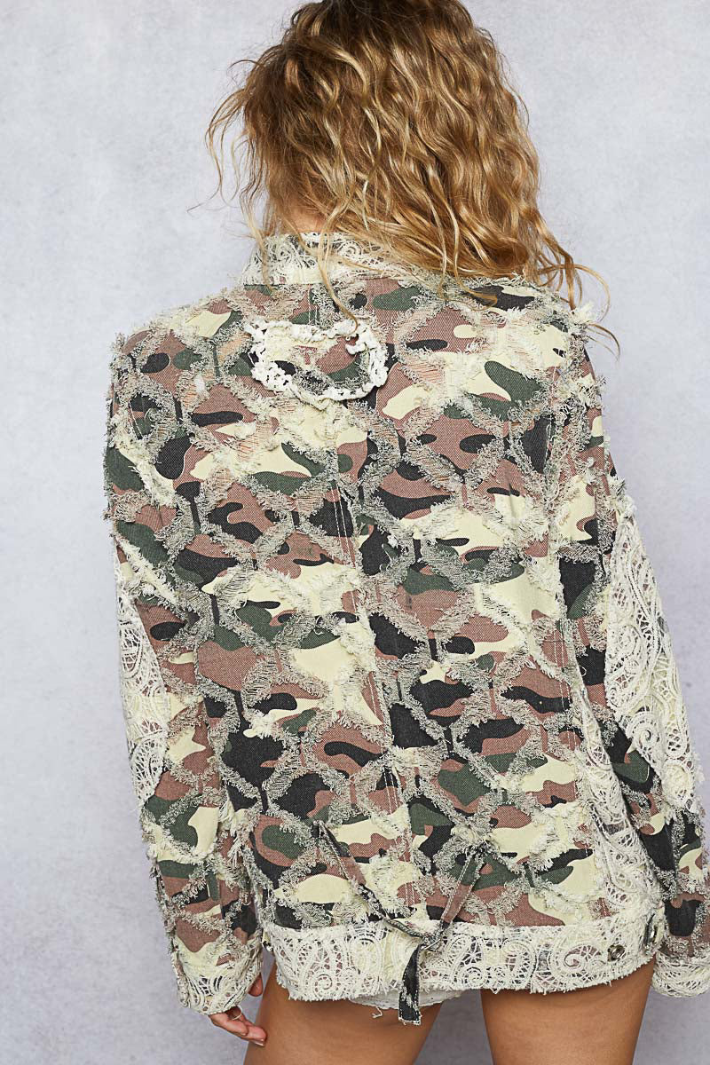 Printed Twill Moto Jacket with Mesh and Lace