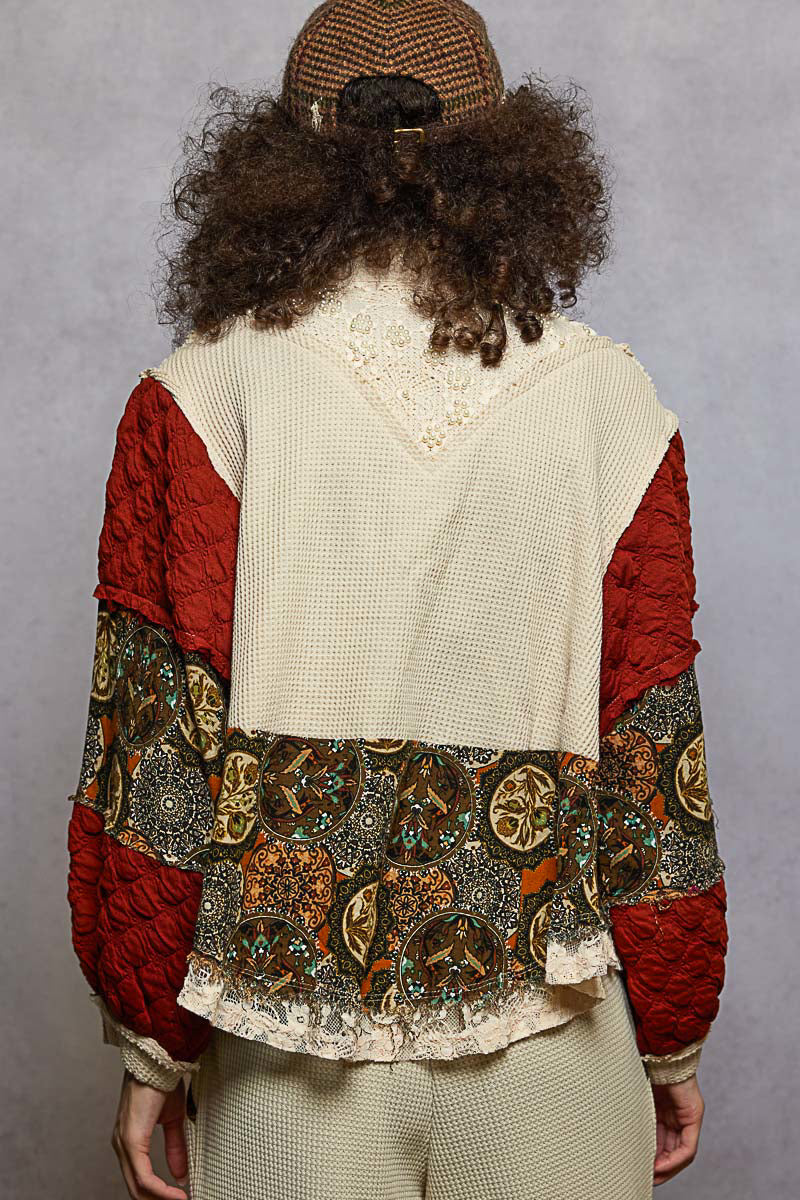 Balloon Sleeve Jacket with Pearls and Floral Patterns
