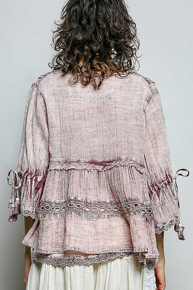 V-Neck Ruffle and Embroidery Top Tassel Tie Sleeve