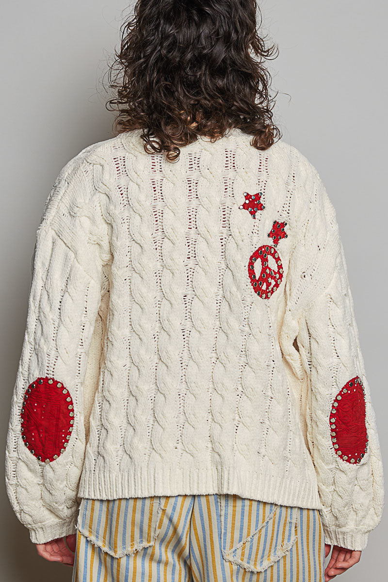 V-Neck Balloon Sleeve Chenille Cardigan with Christmas Patches
