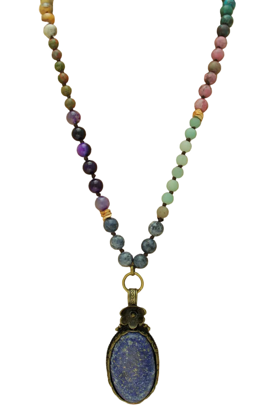 Long Beaded Necklace with Stone Pendant