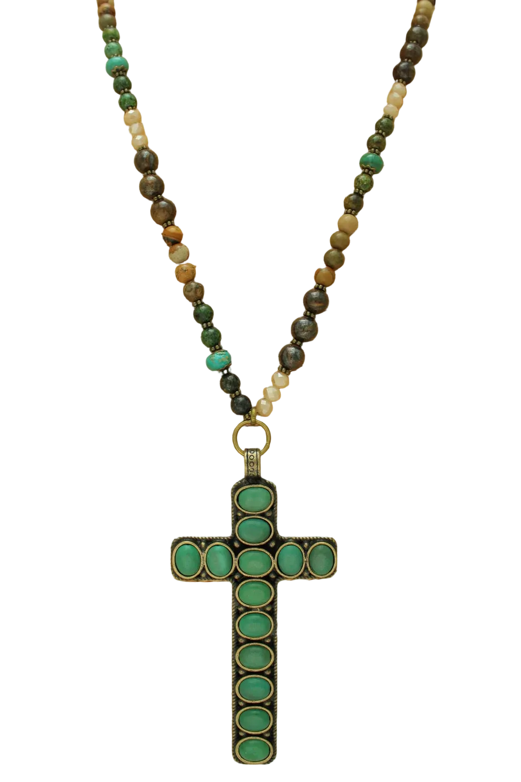 Long Beaded Necklace with Cross Pendant
