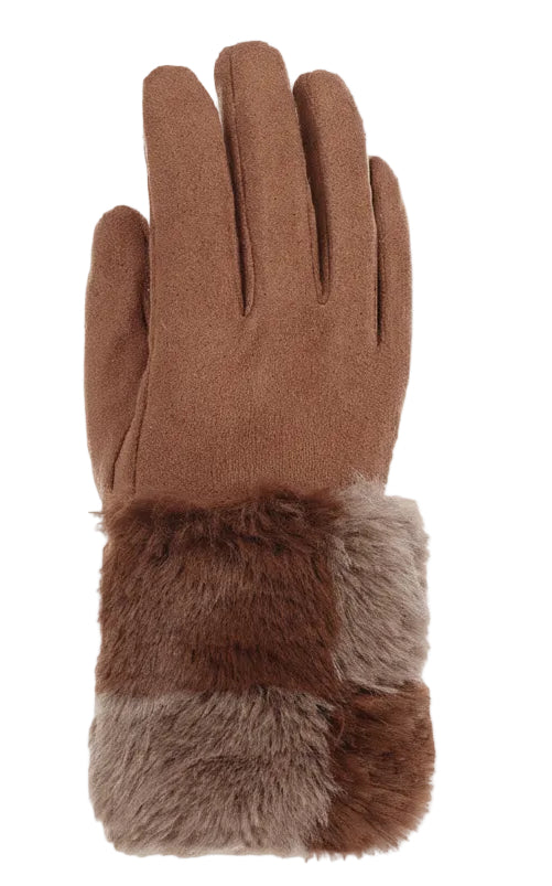 Color Block Checkered Faux Fur Gloves