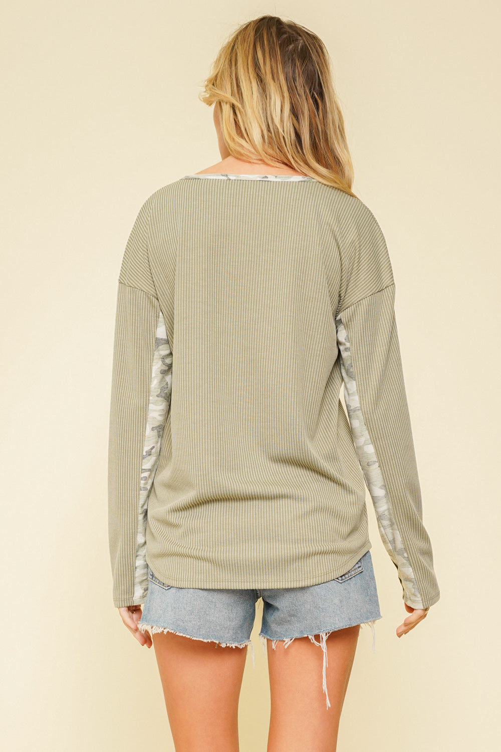 Camo Print Eyelet Henley Knit Top