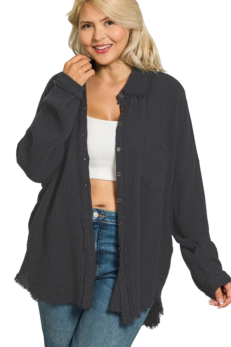 Double Gauze Oversized Raw Edge Shirt