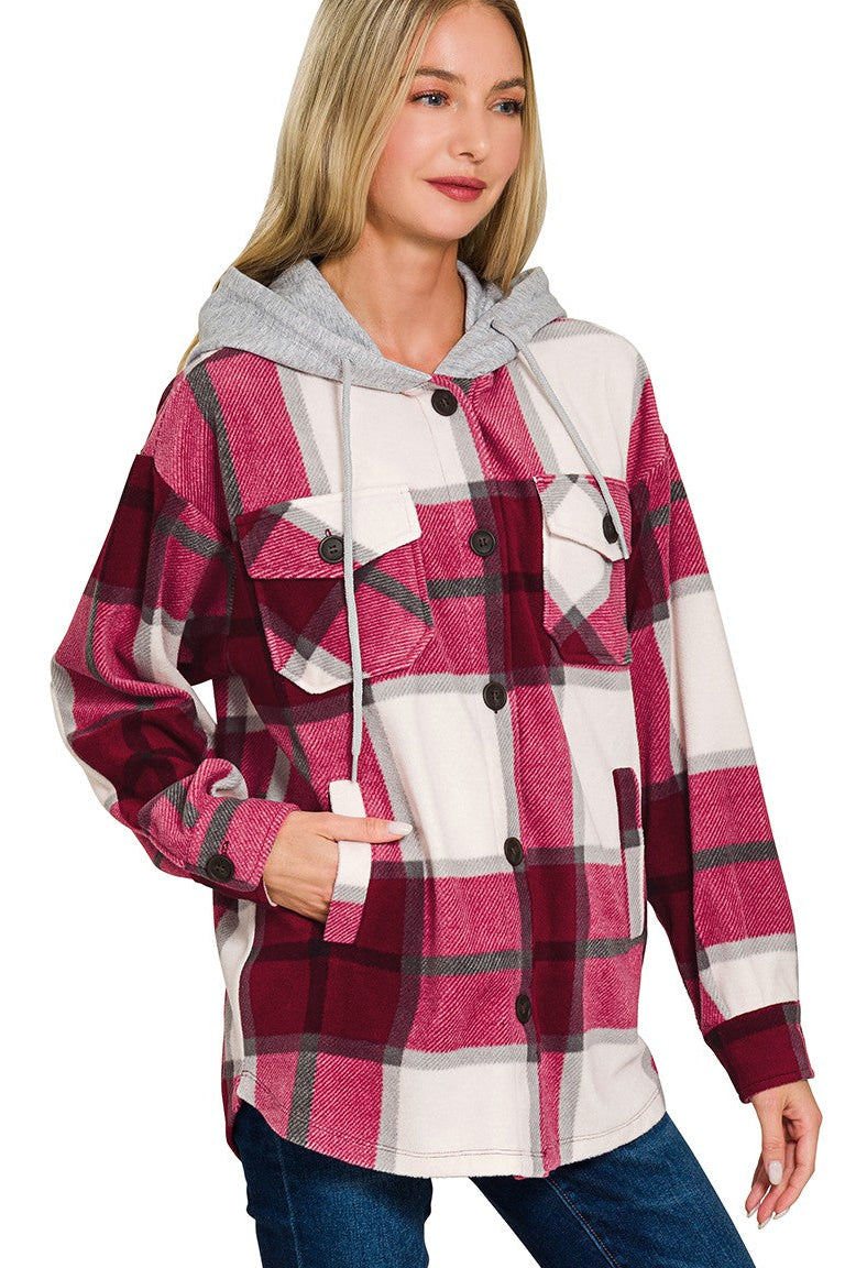 Plaid Drawstring Hooded Fleece Shacket