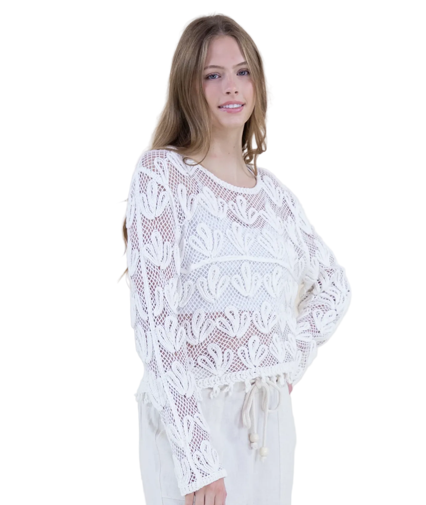Blooming Cotton Crochet Crew Neck Top Fringed Hem
