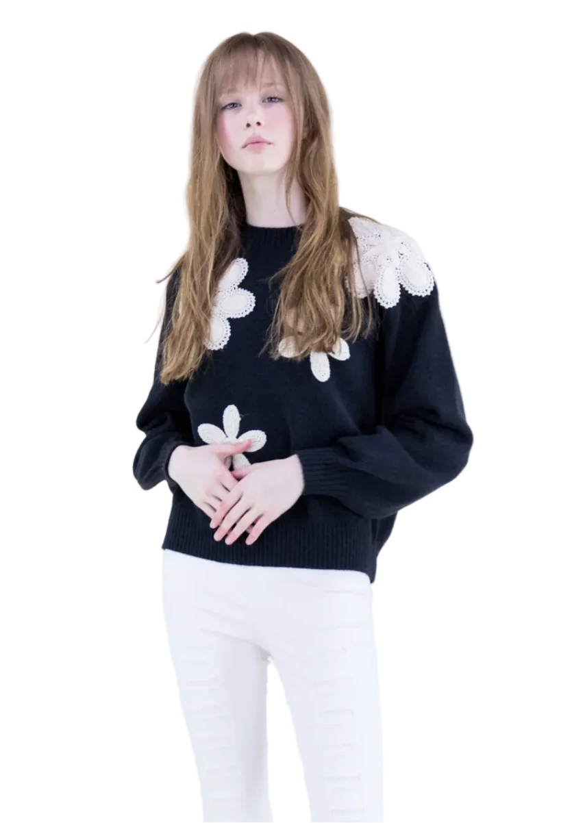 Crew Neck Sweater Crochet Embroidered Flowers
