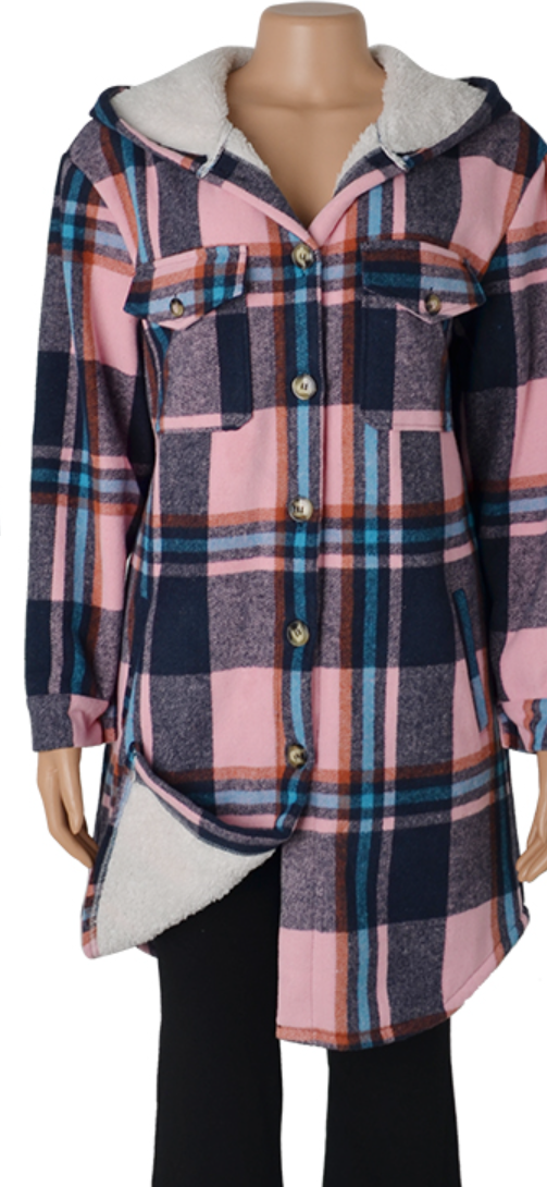 Long Hooded Button Up Plaid Shacket