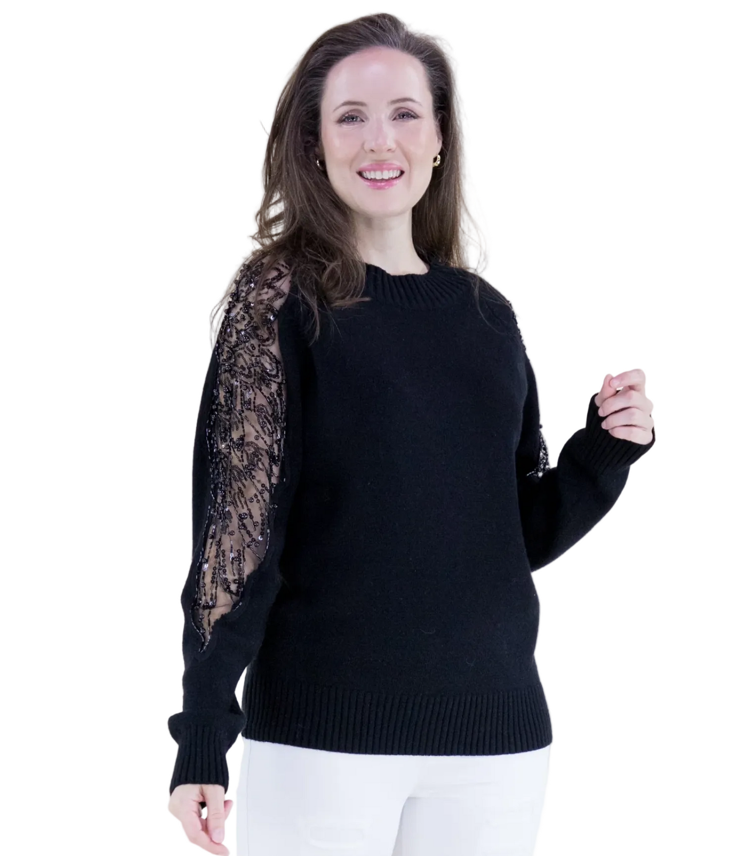 Beads & Pearls Embellished Sheer Sleeves Sweater