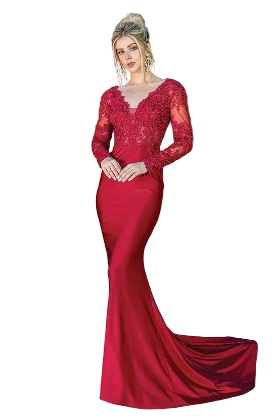 Long-Sleeve Gown with Lace Bodice