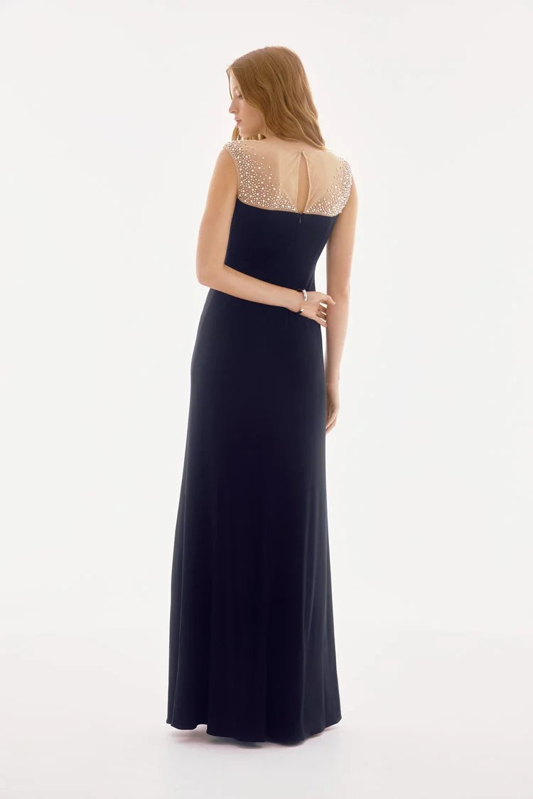 Silky Knit and Mesh Sleeveless Gown