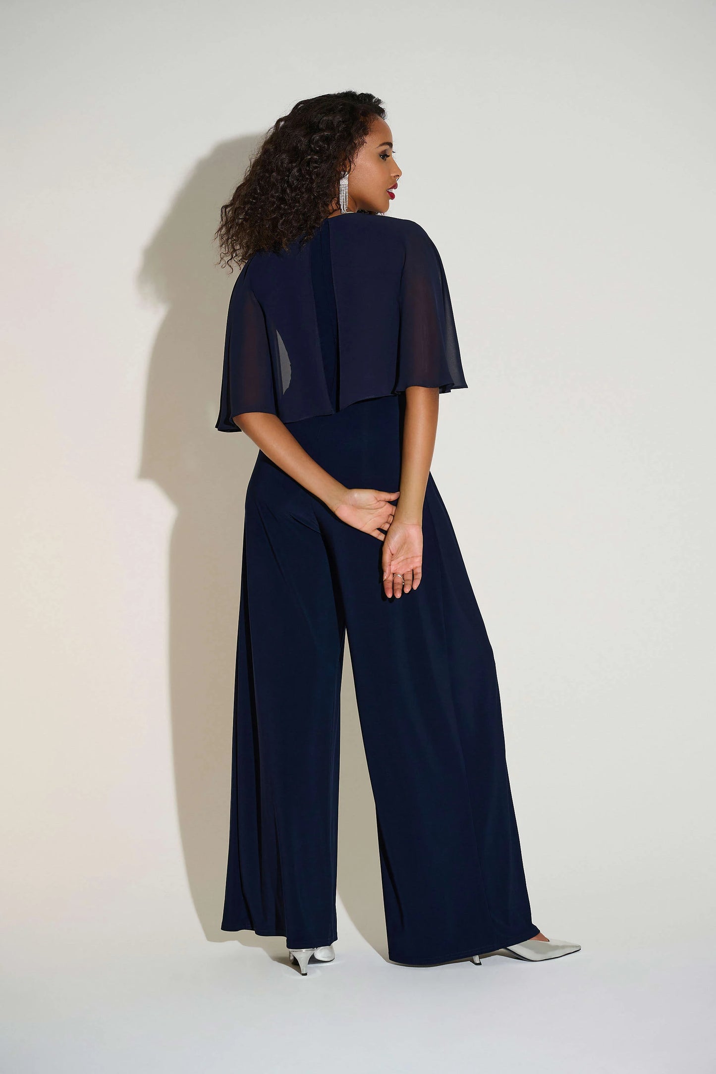 Silky Knit & Chiffon Wide Leg Jumpsuit with Cape
