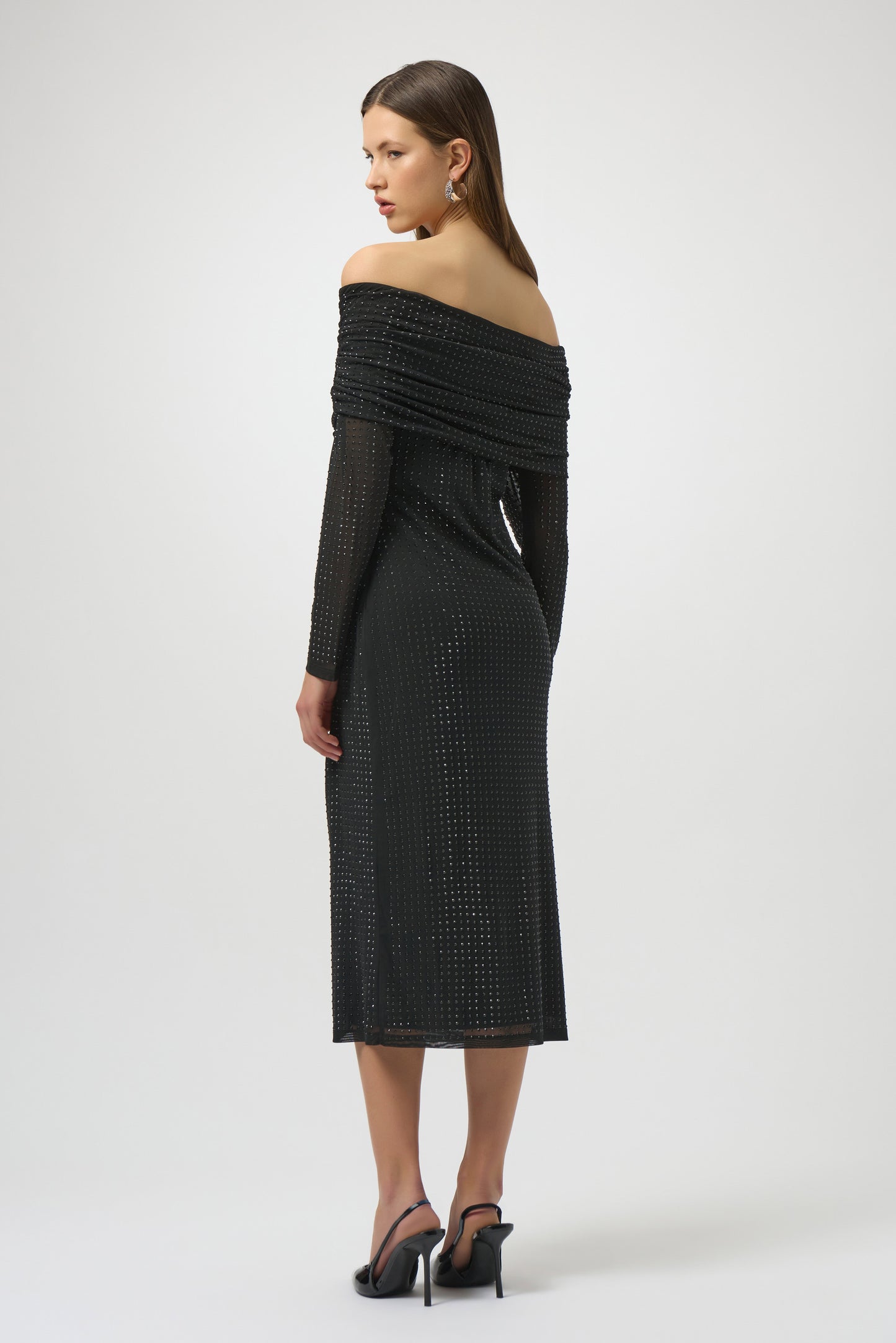 Rhinestone Mesh Off-Shoulder Midi Dress
