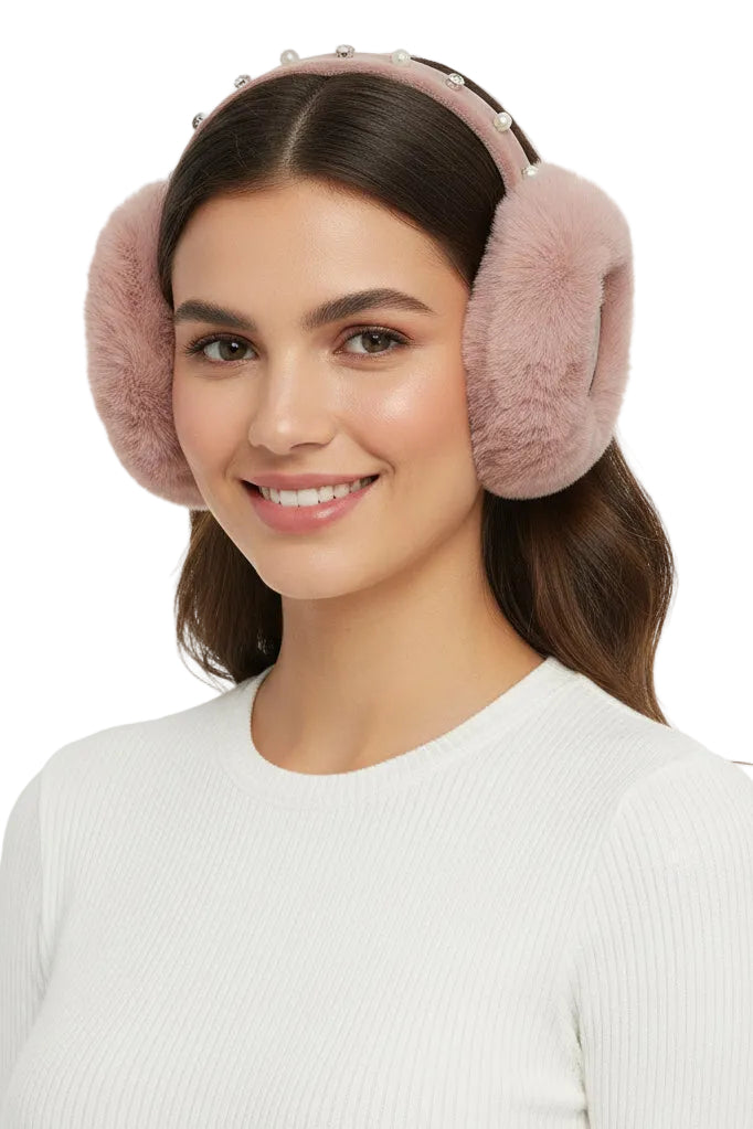 Bling Faux Pearl Rhinestone Fluffy Earmuffs