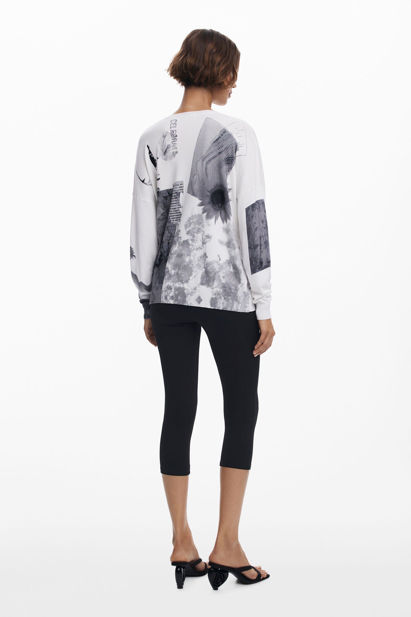 Relaxed Fit V-Neck Sweater with Photo Collage Style Print