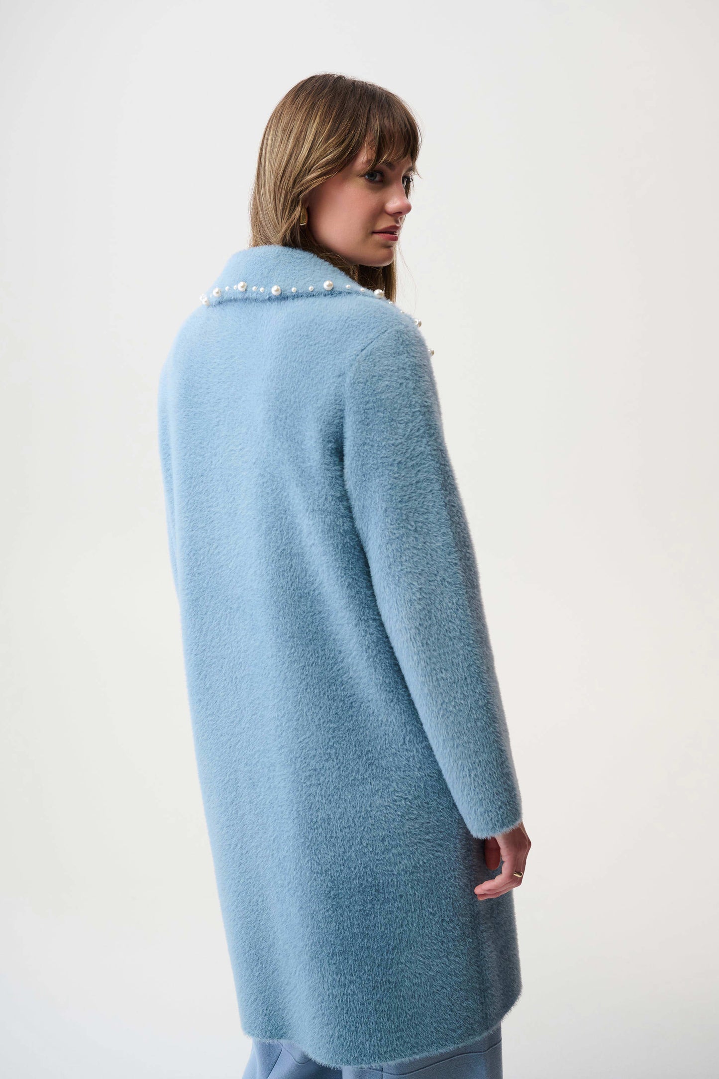 Feather Yarn Sweater Coat with Pearl Trim