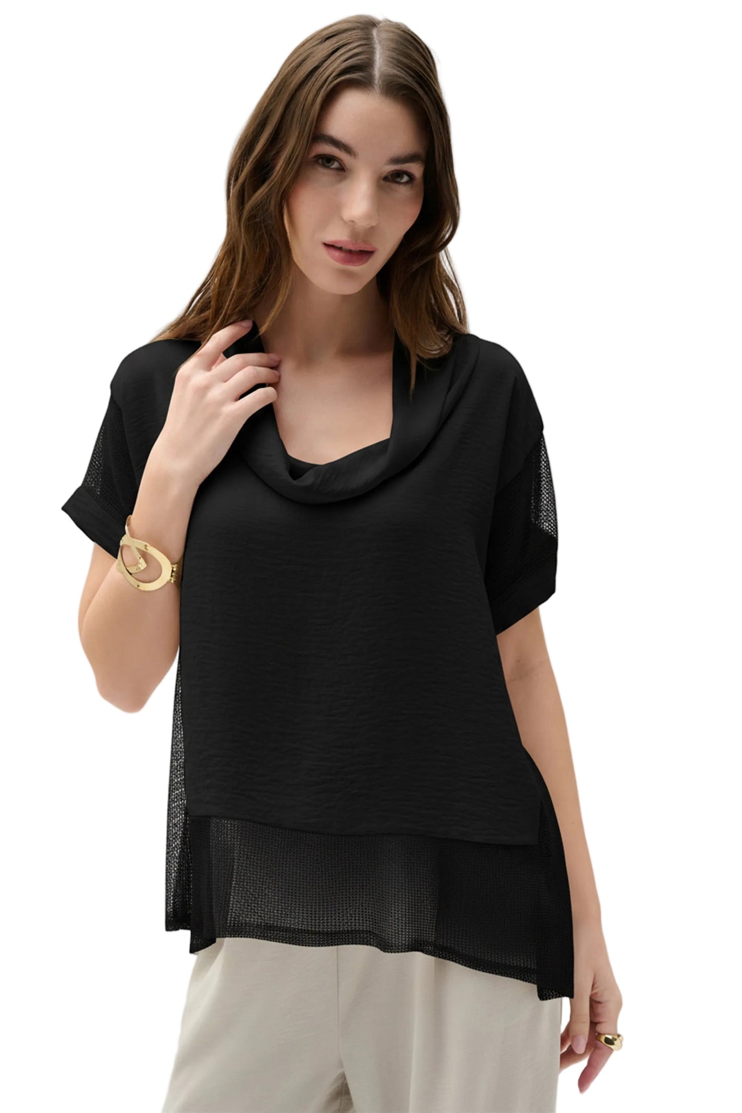 Woven Gauze And Mesh Boxy Top With Cowl Collar