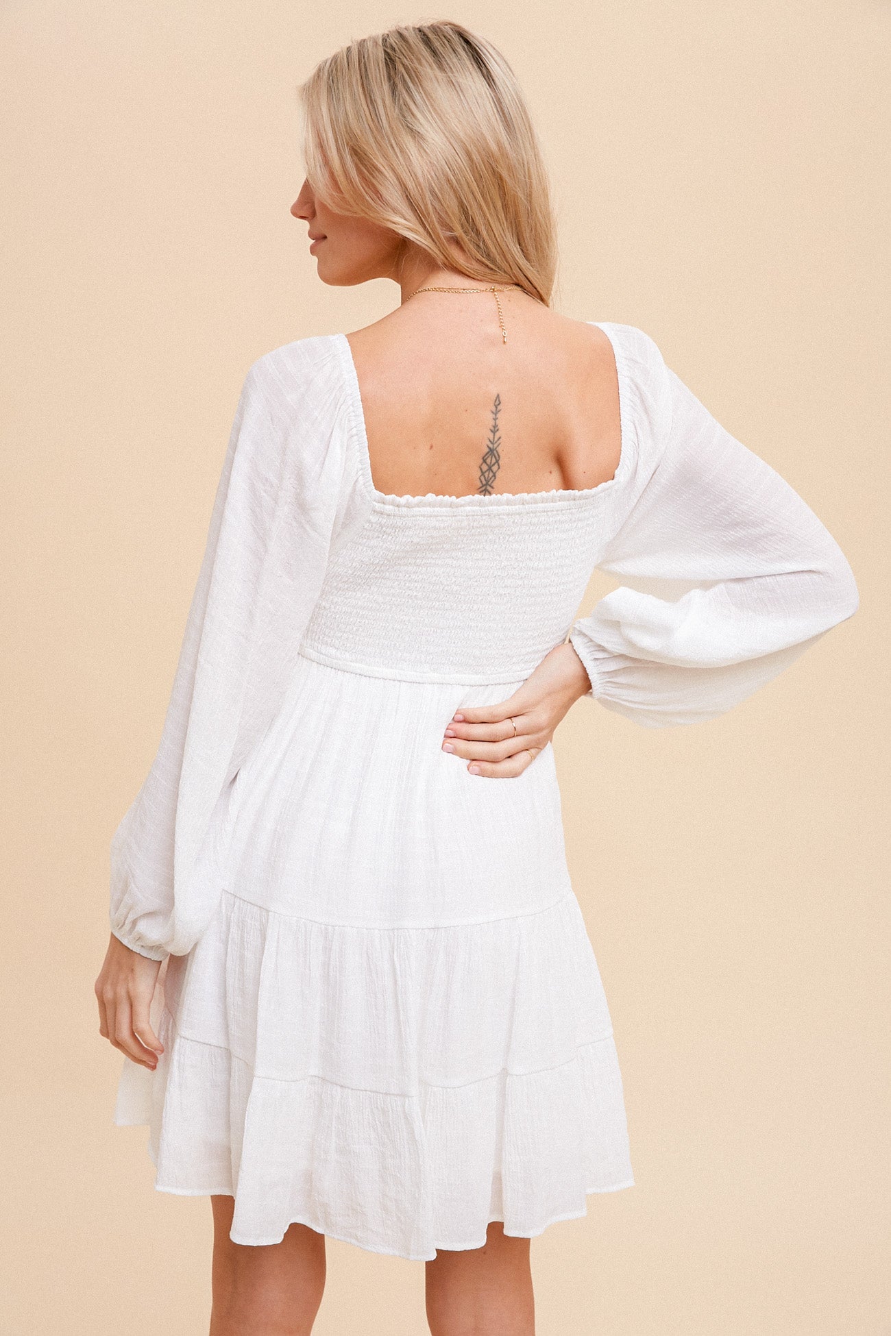 Smocked Bubble Sleeve Textured Tiered Dress