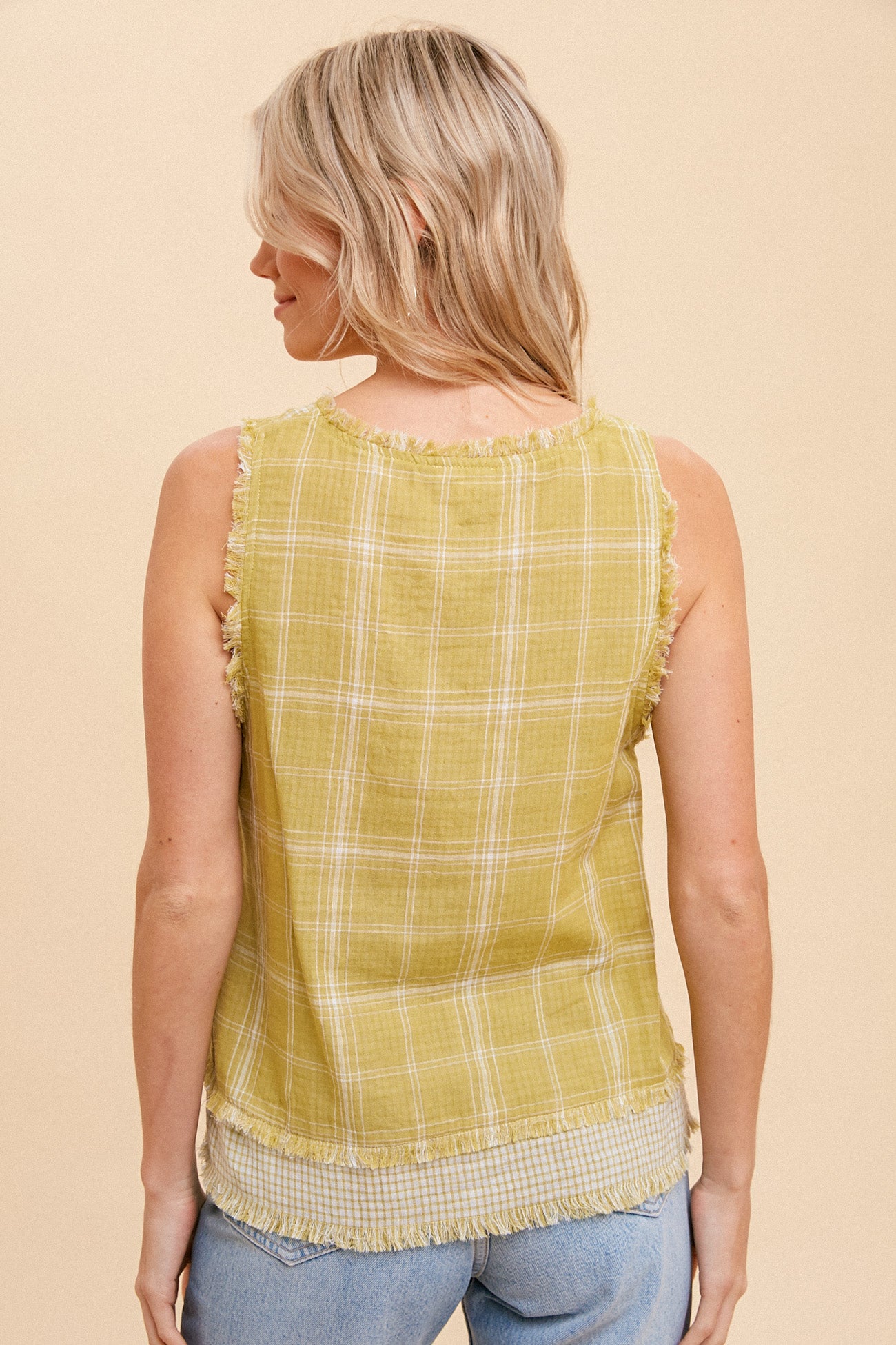Raw Edge Fringe Detail V-Neck Plaid Tank