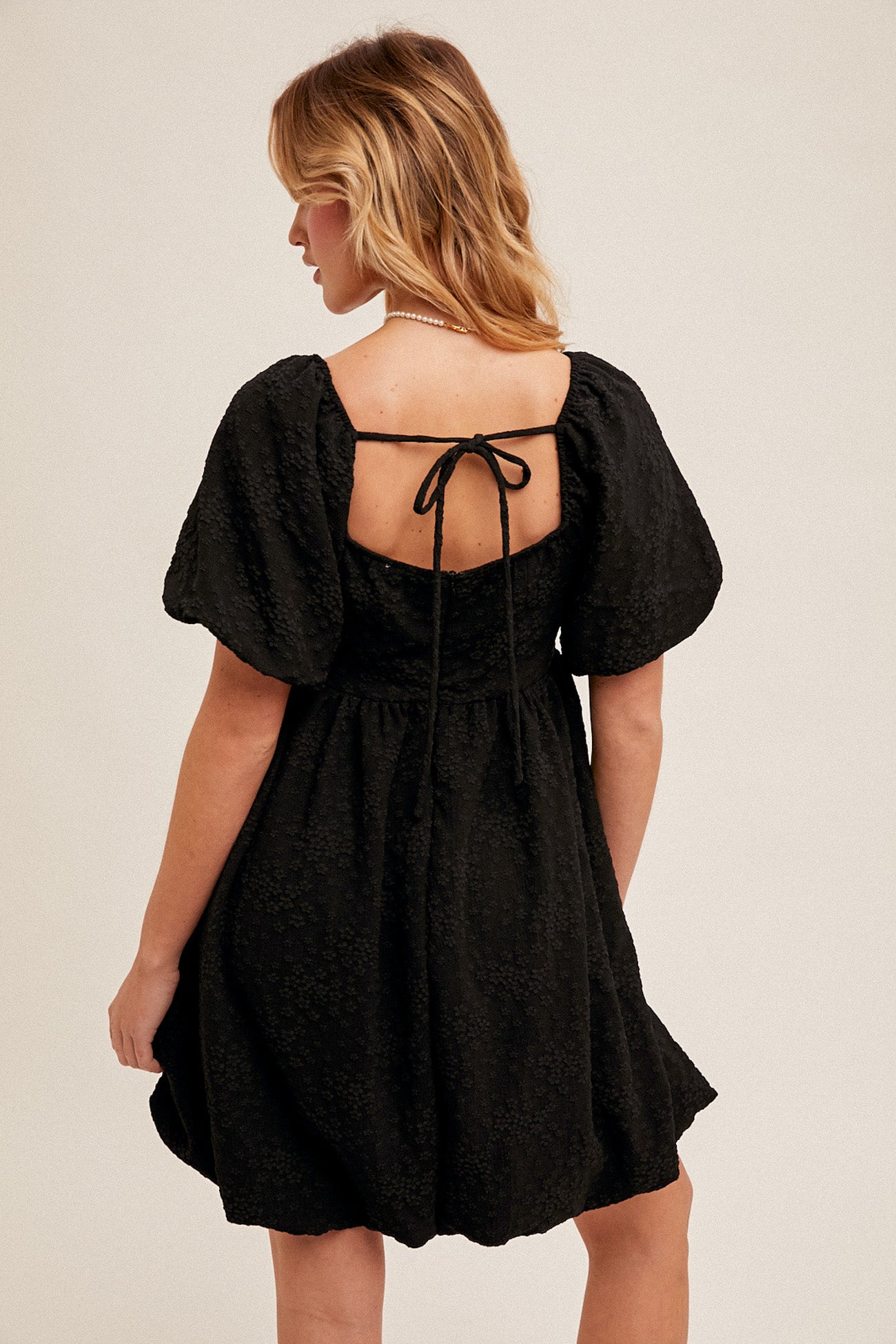 Bubble Sleeve Textured Babydoll Dress