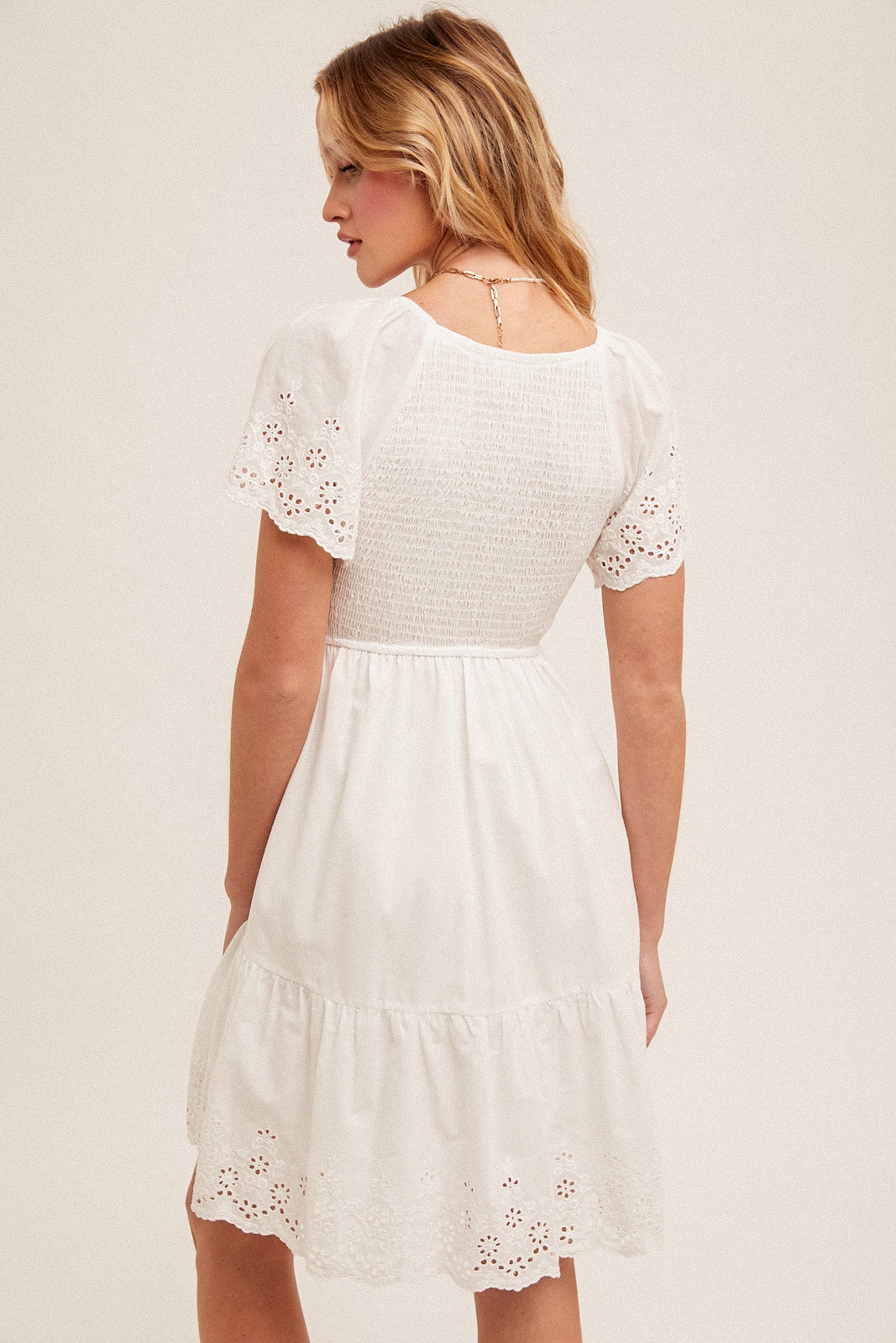 Smocked Detail Eyelet Tiered Babydoll Dress