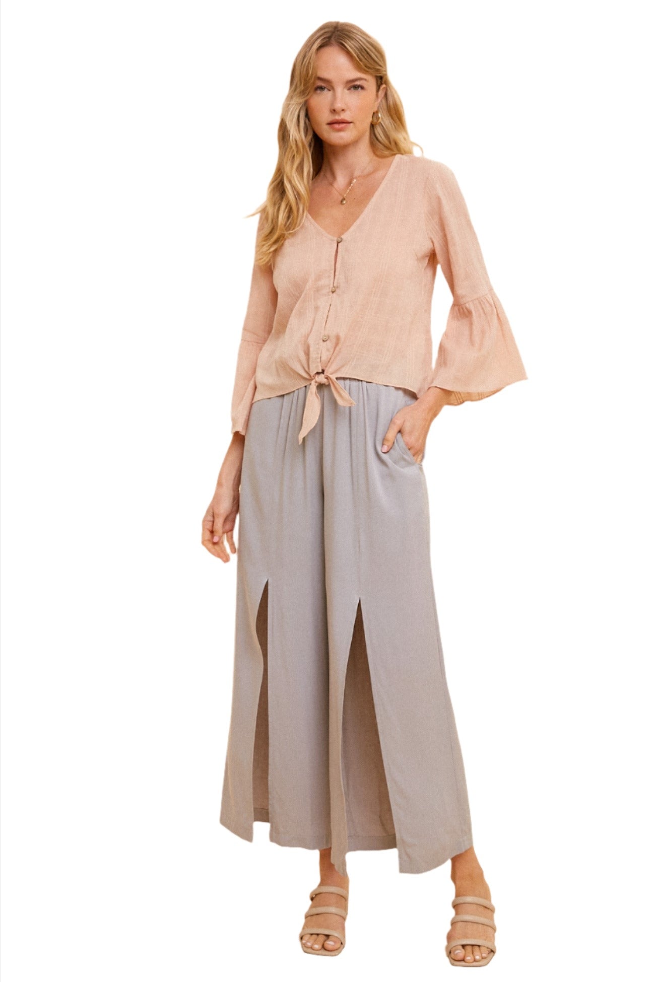Front Tie Button Down Crop Blouse