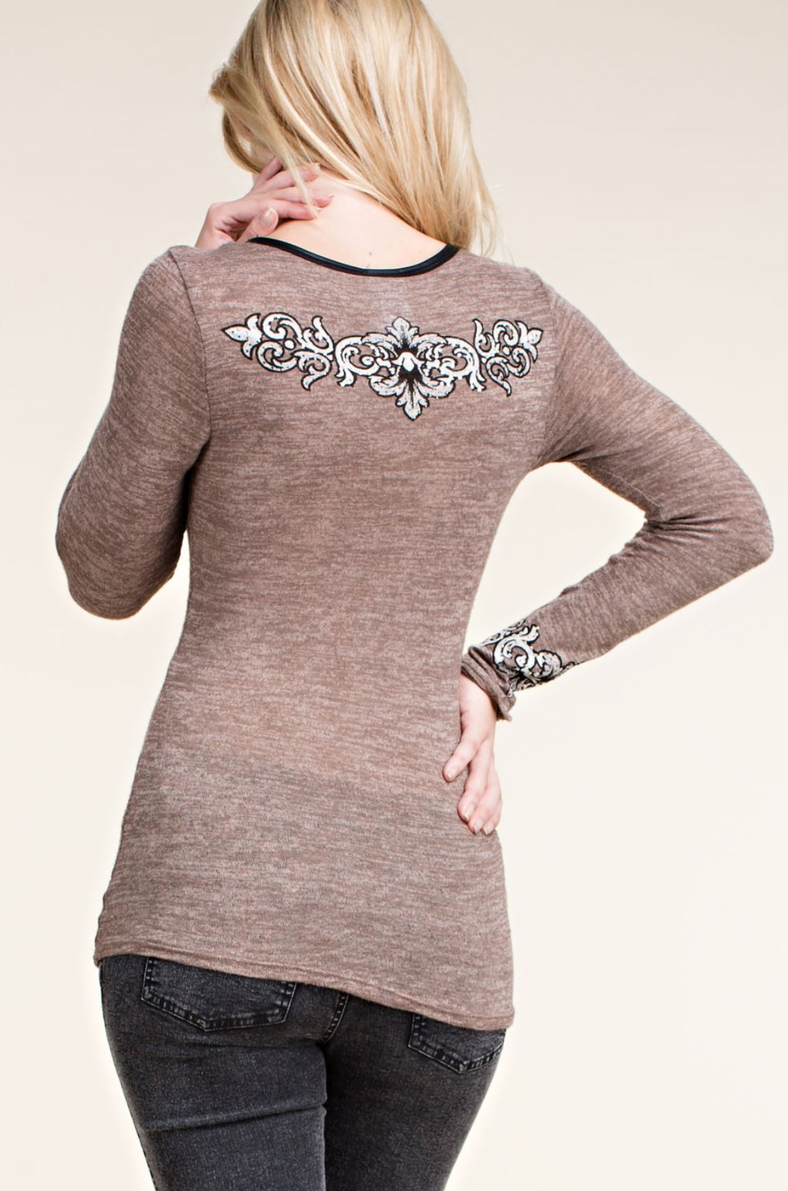 L/S Faux Leather Trim Top with Rhinestones