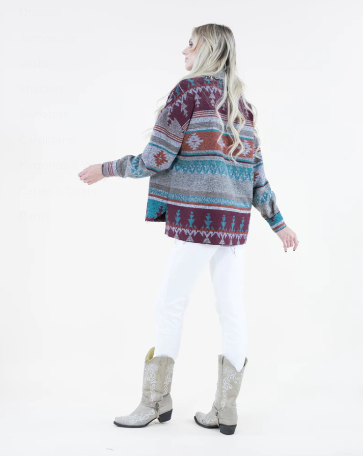 Aztec Print Shacket With Fray Trim