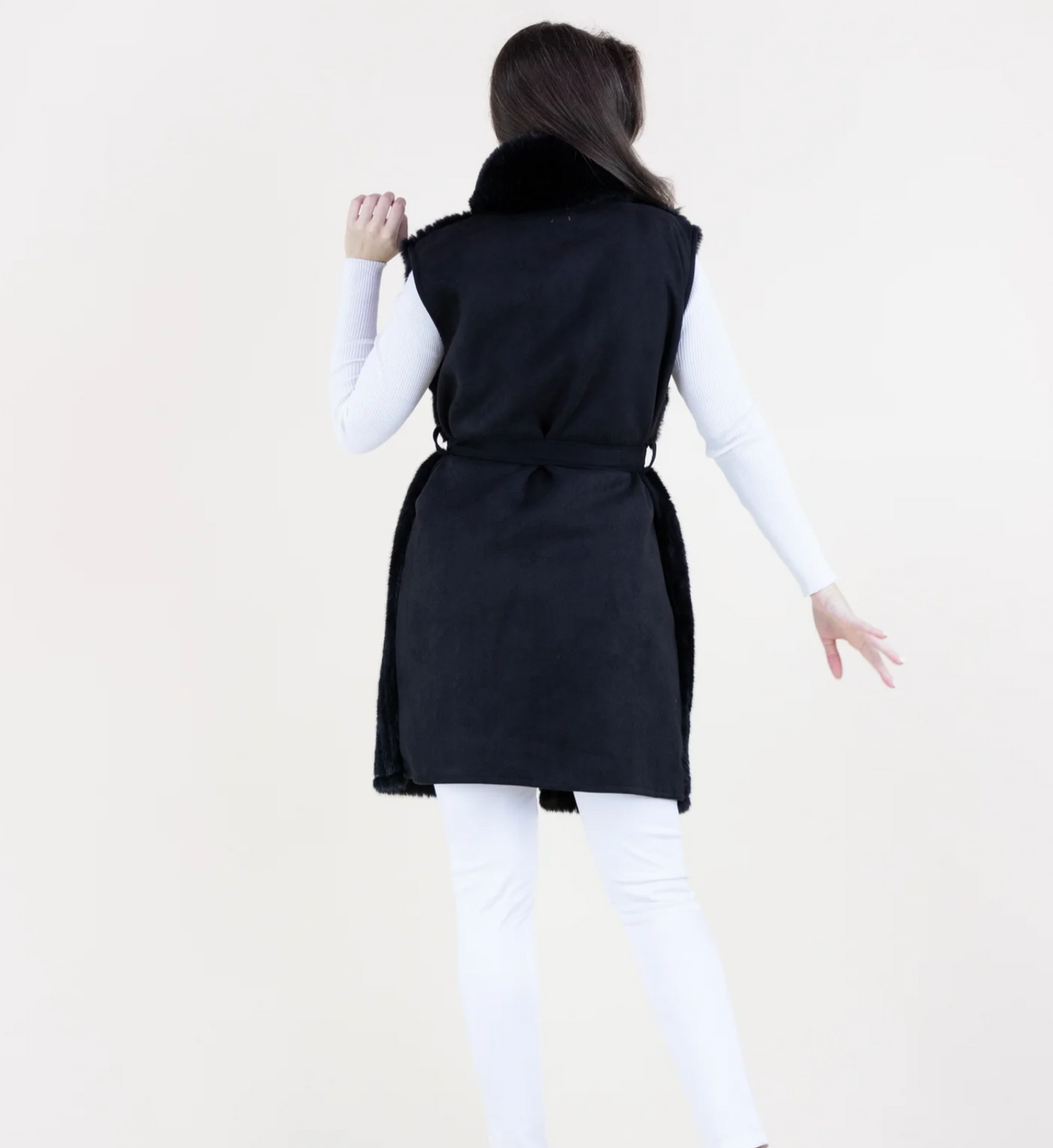 Vertical Ribbed Faux Fur Belted Vest