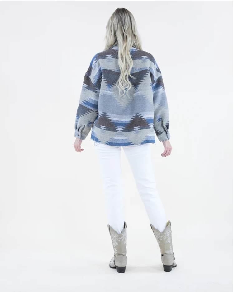 Southwestern Print Fray Trim Shacket w/Pockets