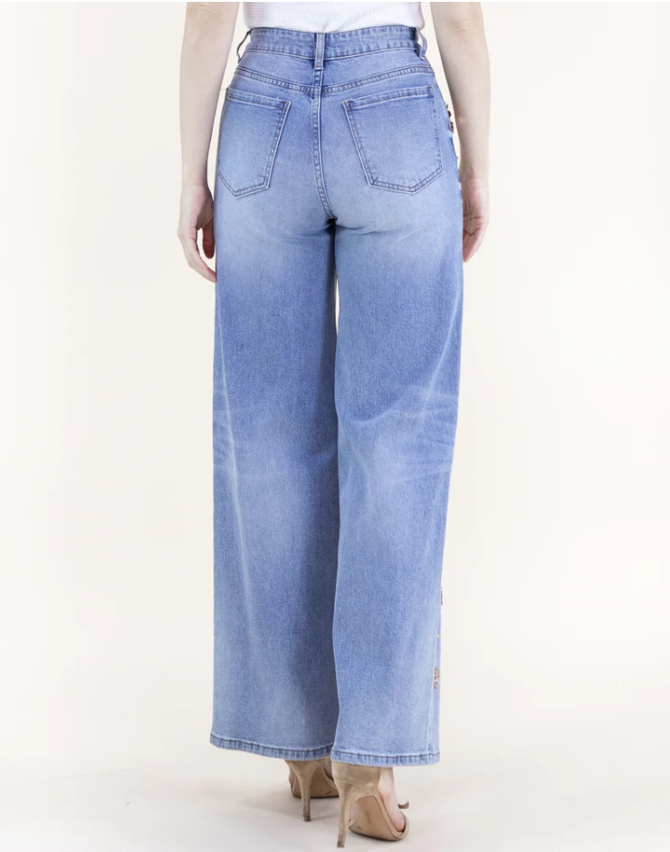Floral Embellished High Rise Wide Leg Jeans