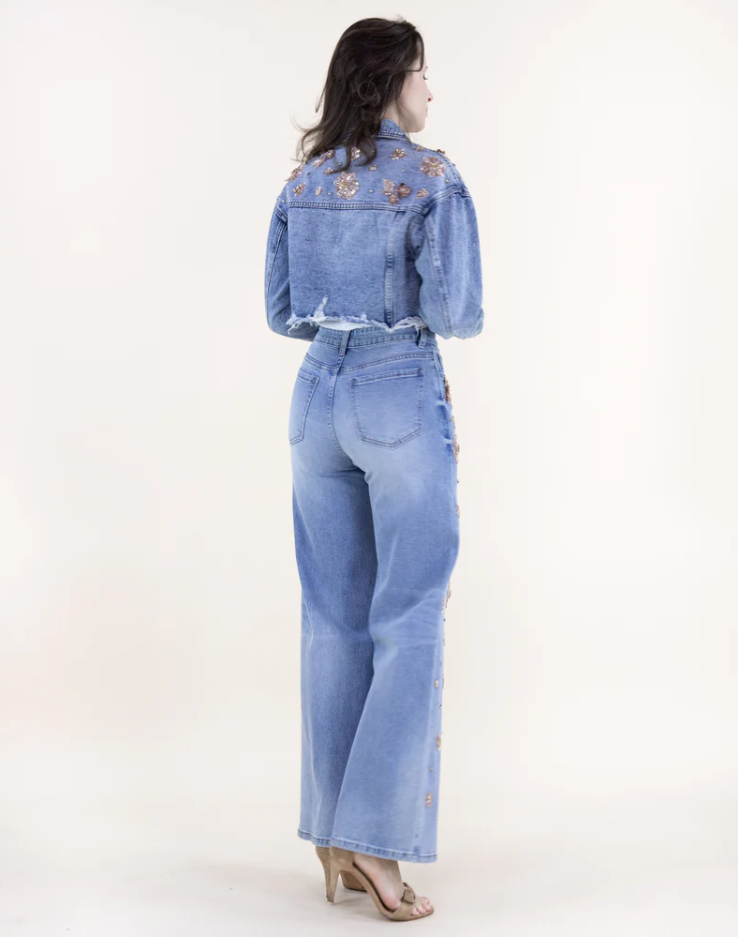 Floral Embellished Cropped Denim Jacket