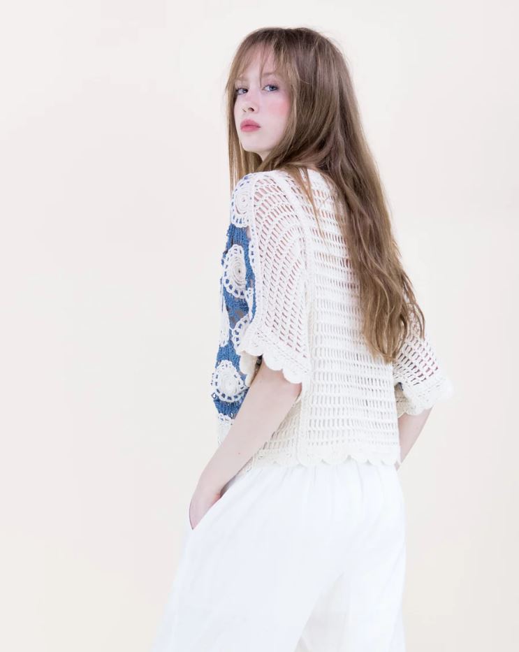 Medallion Crochet Lace Bat Wing Top