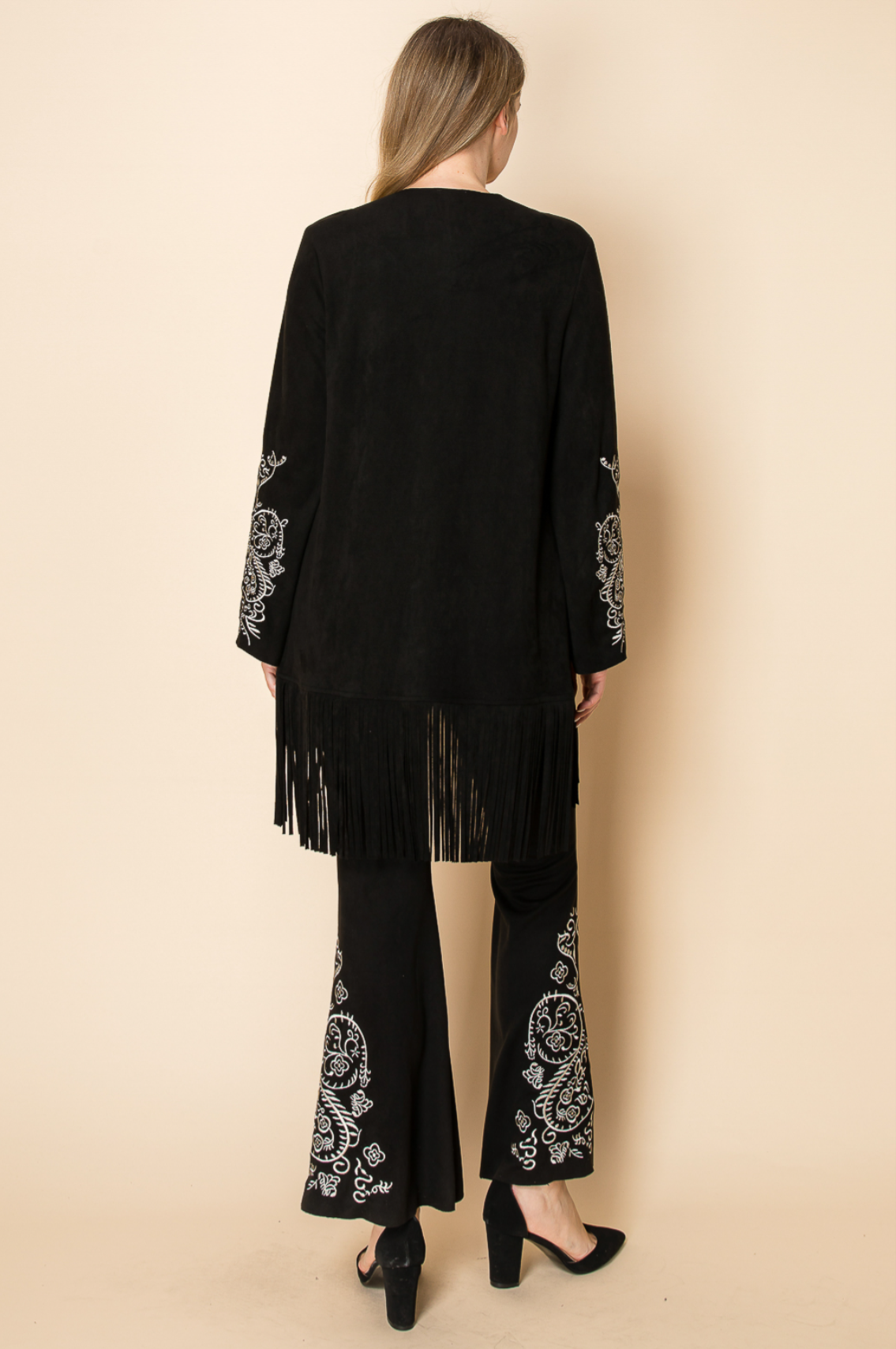 L/S Suede Cardigan with Front and Sleeve Embroidery