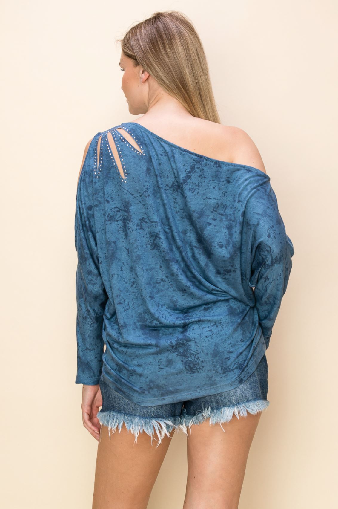 Assymetrical Open Shoulder Rhinestone Embellished Batwing Top