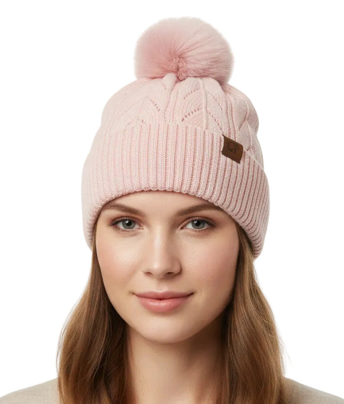 Micro Sequined Cable Knit Fleece Pom Pom Beanie