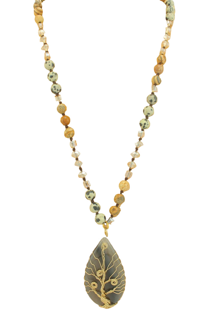 Long Beaded Necklace with Oval Pendant