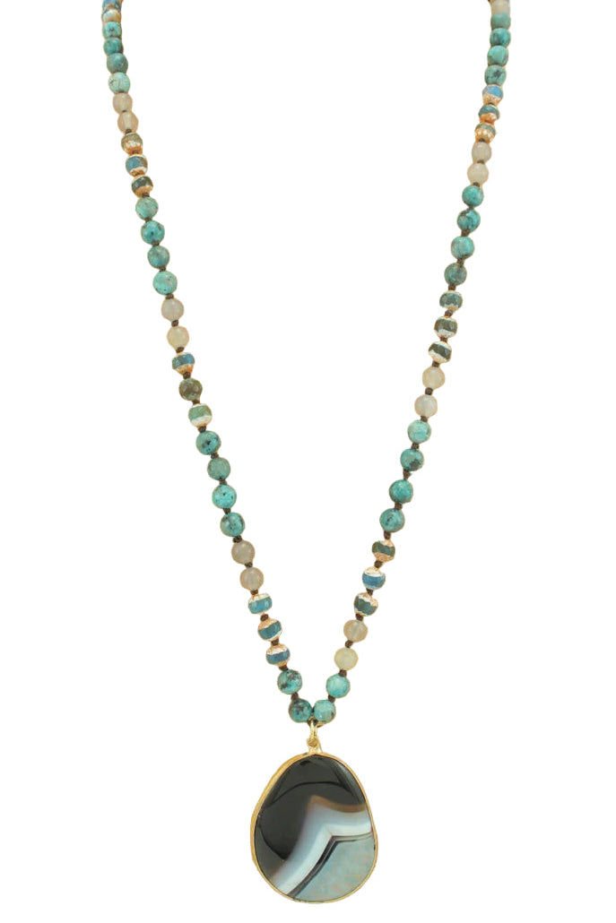 Long Beaded Necklace with Oval Pendant