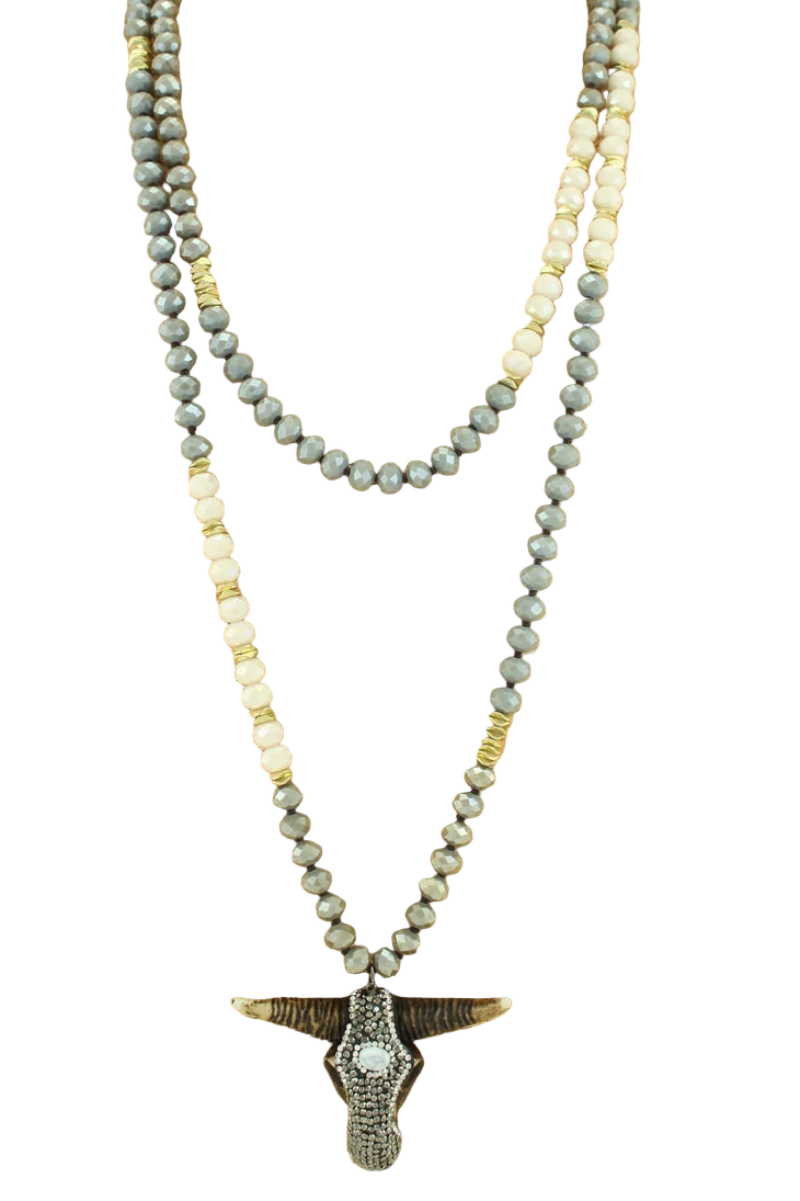 Double Long Beaded Necklace with Longhorn