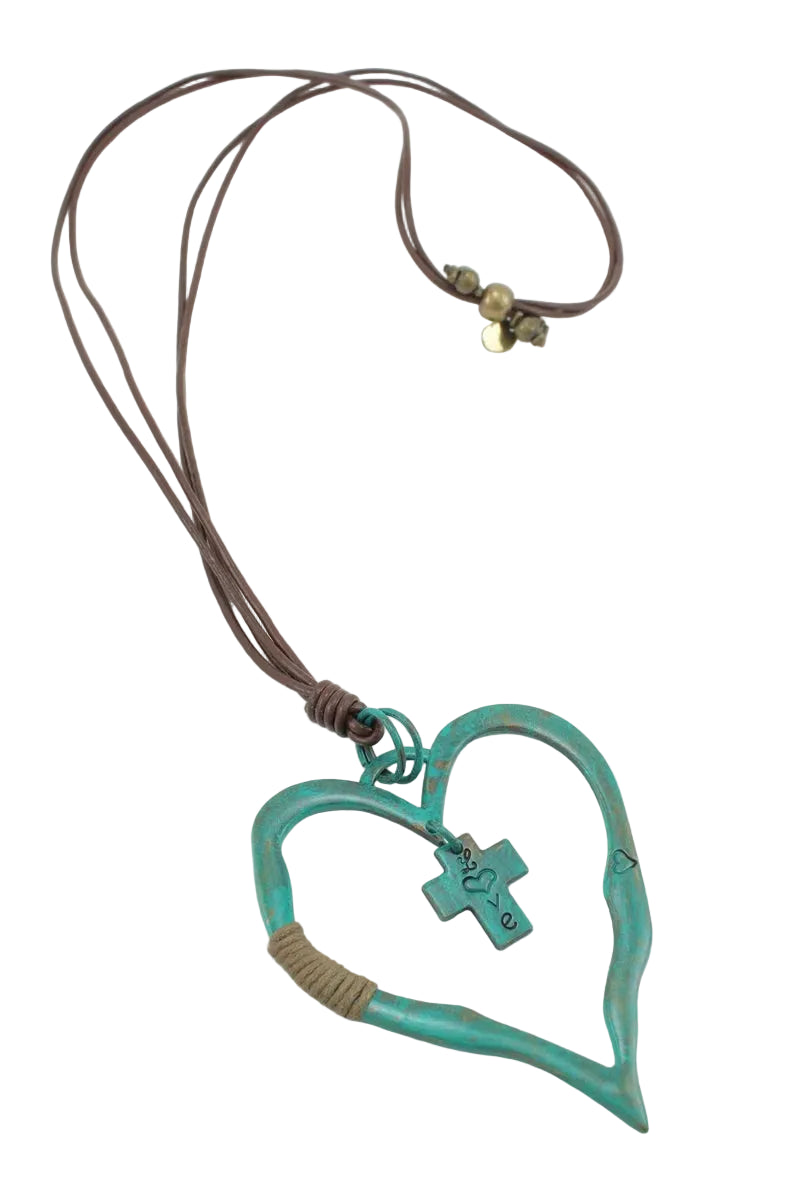 Long Cord Necklace with Heart and Cross