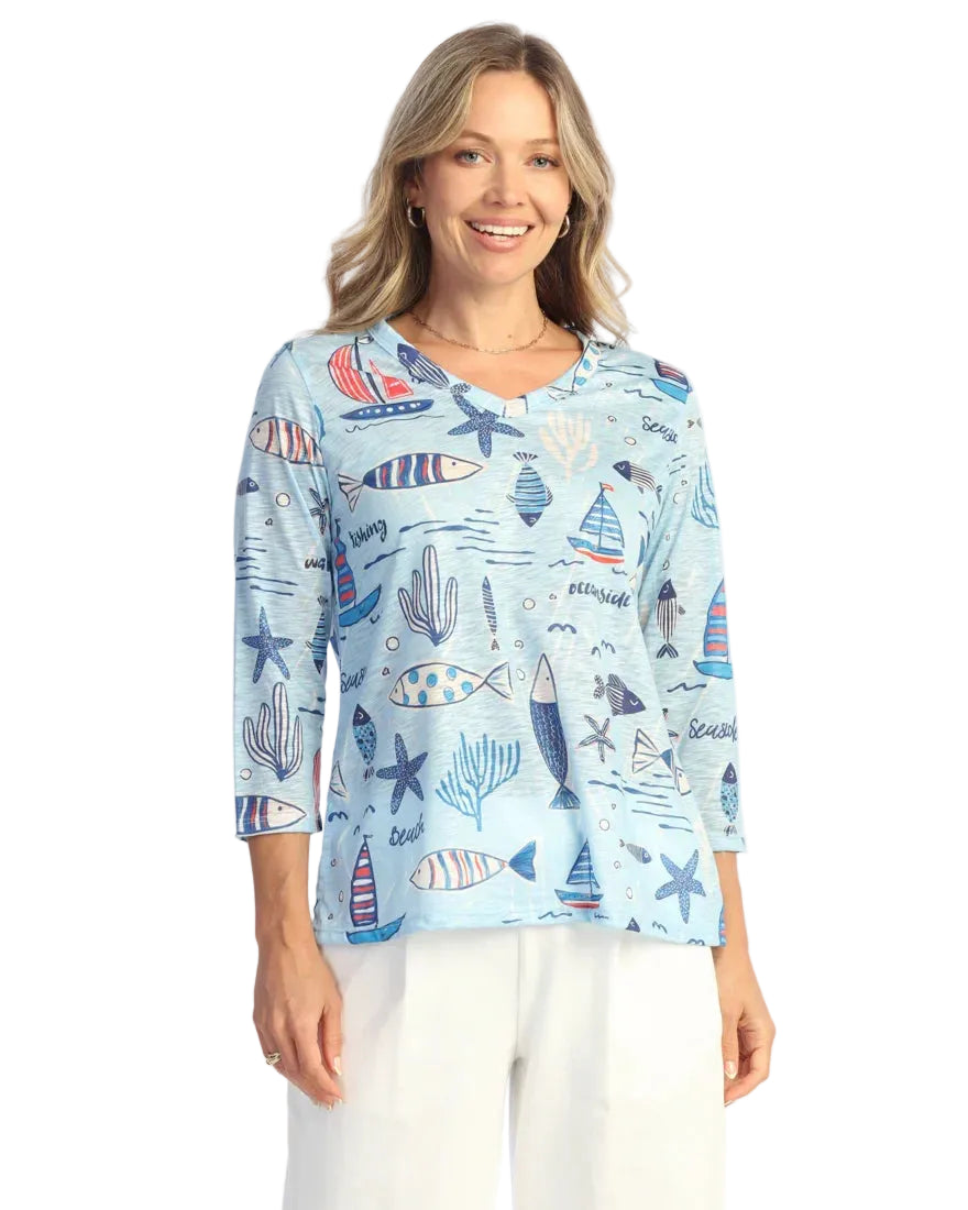 3/4 Slv V-Neck Side Slit Top - Newport