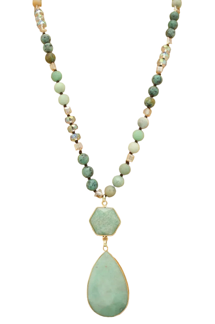 Long Beaded Necklace with Teardrop Pendant