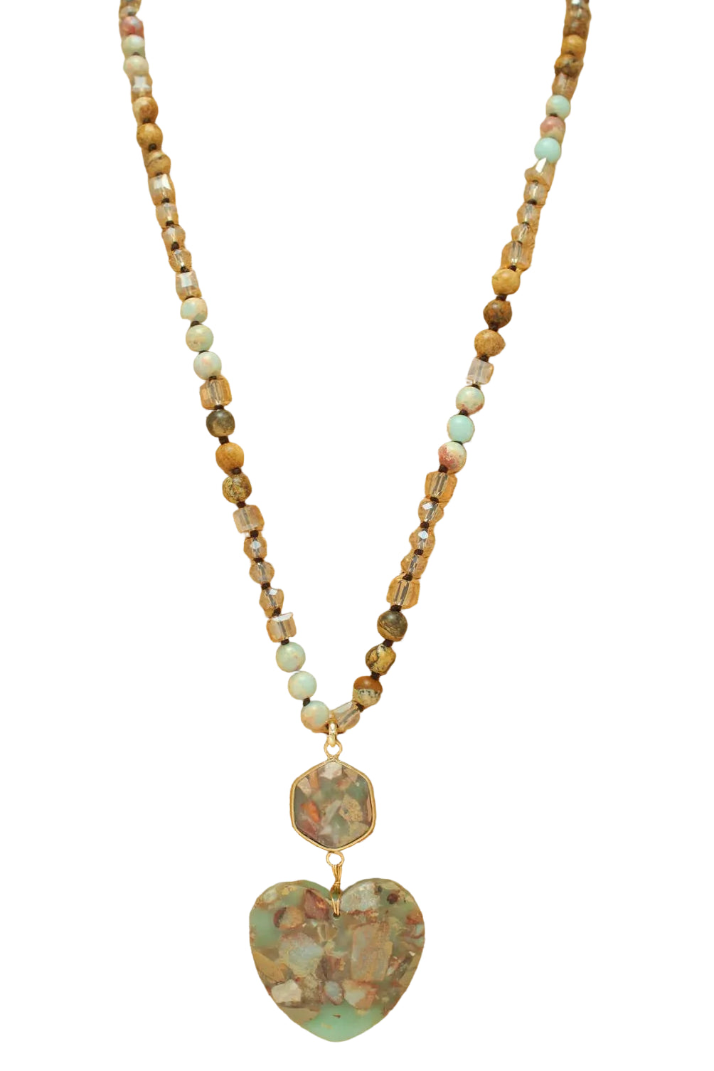 Long Beaded Necklace with Heart Stone Pendant