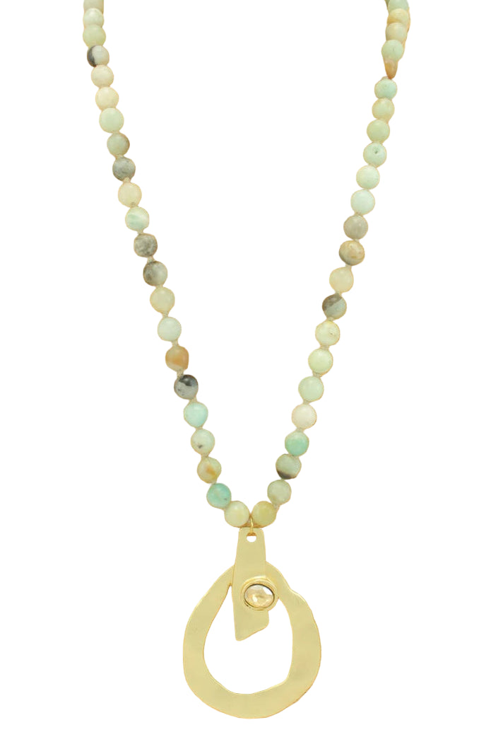 Long Beaded Necklace with Hammered Pendant