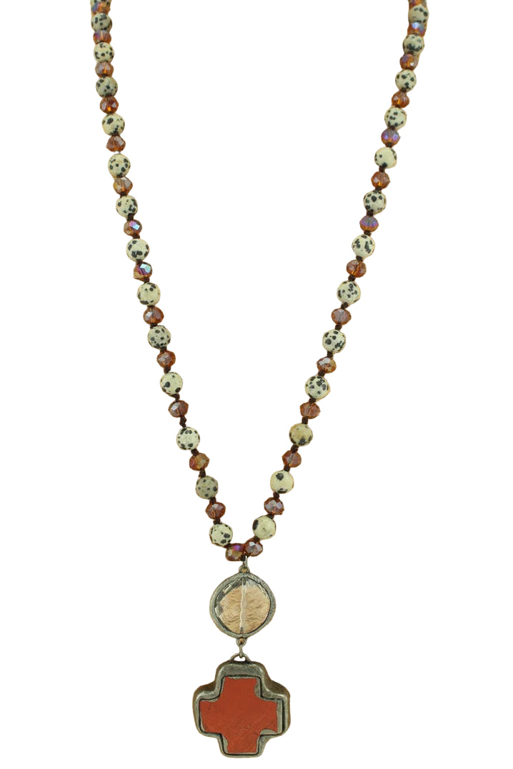 Long Beaded Necklace with Crystal and Cross