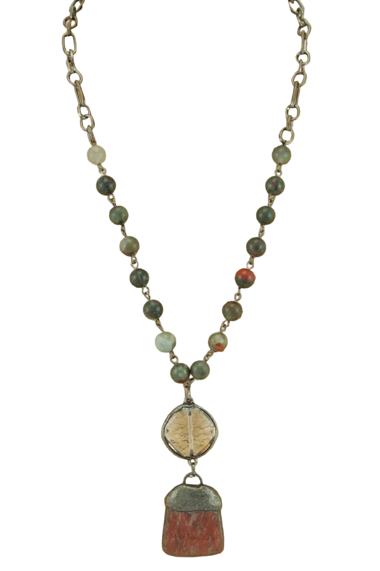 Beaded Short Chain Necklace with Stone Pendant